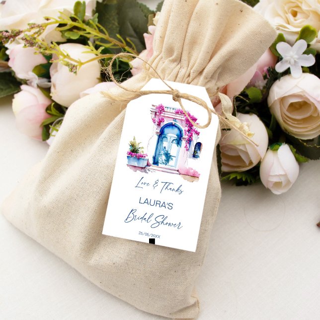 Étiquettes-cadeau Bougainvillea Douche nuptiale méditerranéenne fave (Bougainvillea Mediterranean themed bridal shower favor Gift Tags blue and pink thank you favor tags)