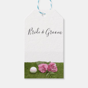 Étiquettes-cadeau Boule de golf avec fleur d'oeillet rose en vert