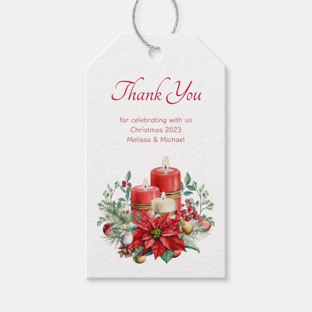 Étiquettes-cadeau Bouquet de bougies et Poinsettia Merci de Noël (Devant)