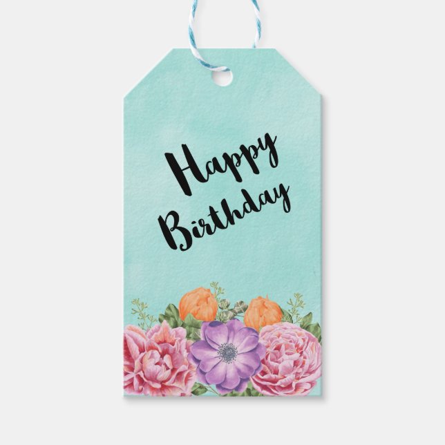 Étiquettes-cadeau Bouquet de fleurs aquarelles Joyeux anniversaire (Devant)