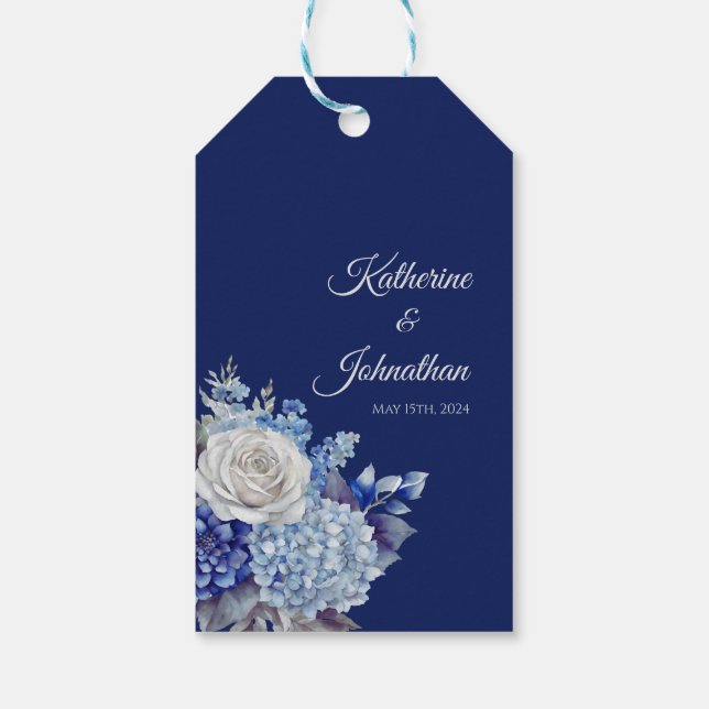 Étiquettes-cadeau Bouquet de fleurs bleues d'aquarelle Merci Mariage (Dos)
