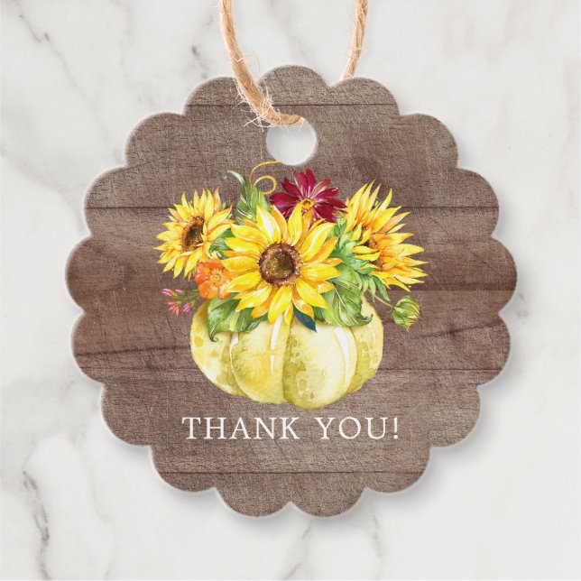 Étiquettes Cadeau Bouquet de tournesols rustique Citrouille Merci Fa (Devant)