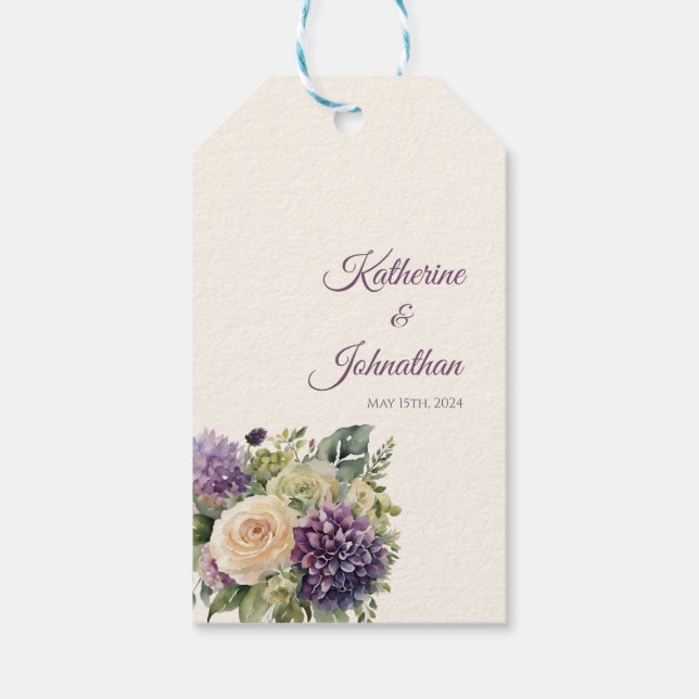 Étiquettes-cadeau Bouquet-Mariage de fleurs violettes d'aquarelle (Dos)
