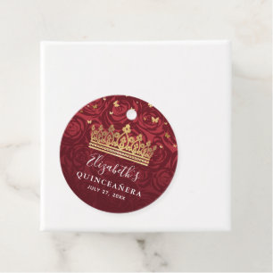 Étiquettes Cadeau Bourgogne et Or Élégante Rose Quinceanera