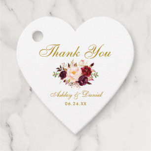 Étiquettes Cadeau Bourgogne Gold Floral Mariage Coeur de Merci