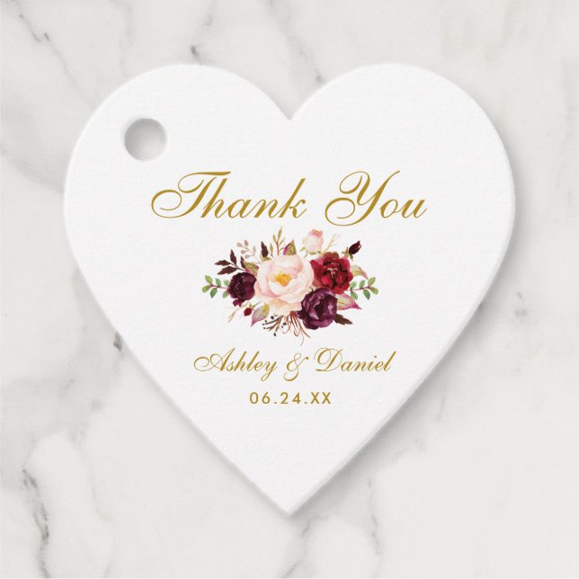 Étiquettes Cadeau Bourgogne Gold Floral Mariage Coeur de Merci (Devant)