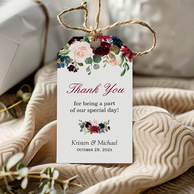 Étiquettes-cadeau Bourgogne Rouge Bleu Floral Mariage Favoriser Merc (Créateur téléchargé)