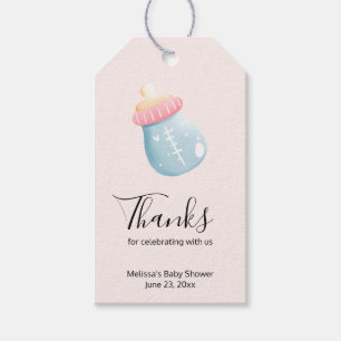 Étiquettes-cadeau Bouteille Bleu & Rose Bébé Merci mou