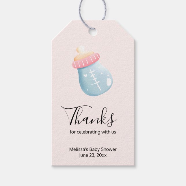Étiquettes-cadeau Bouteille Bleu & Rose Bébé Merci mou (Devant)