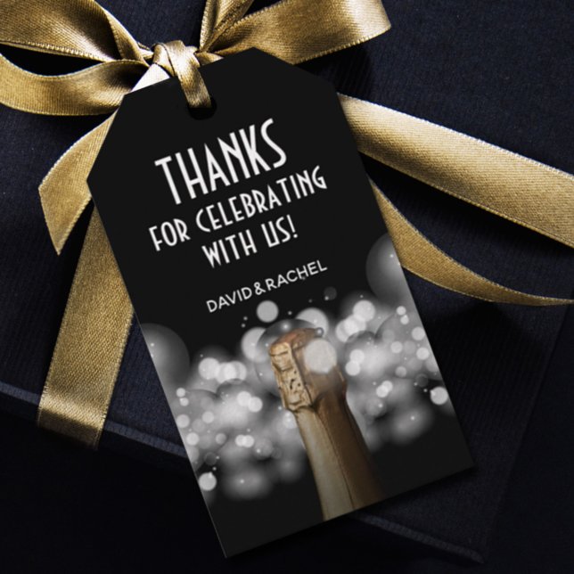 Étiquettes-cadeau Bouteille de Champagne Bokeh noir et blanc (Créateur téléchargé)