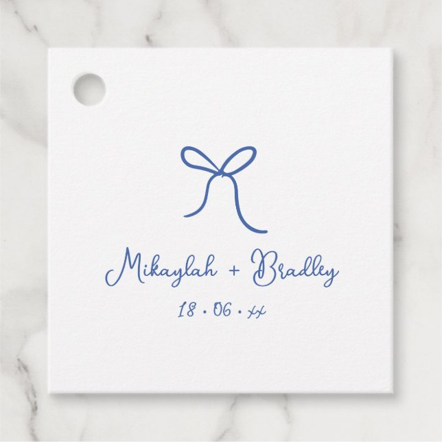 Étiquettes Cadeau Bow blanc et bleu Whimsical Mariage personnalisé (Devant)