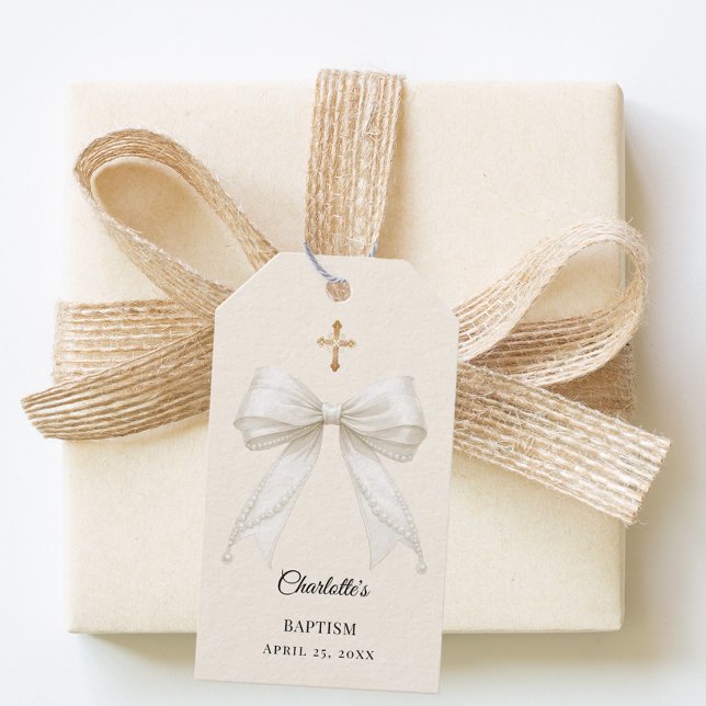 Étiquettes-cadeau Bow ivory pearls Baptism DIY (Créateur téléchargé)