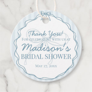 Étiquettes Cadeau Bow Pastel Rayé Blue Coquette Shower de Mariage