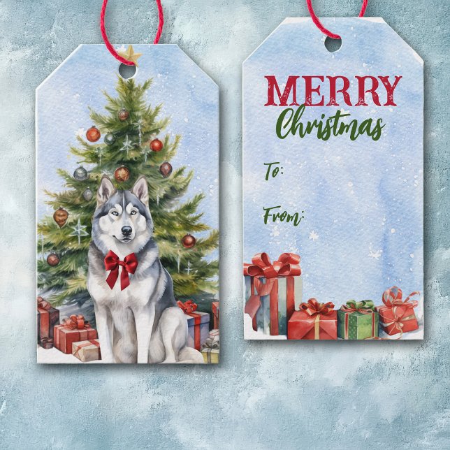 Étiquettes-cadeau Bow rouge Sibérien Husky Chien de Noël Arbre (Créateur téléchargé)