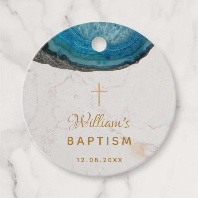 Étiquettes Cadeau Boy Baptism Blue Geode Marbre blanc Gold Cross (Devant)