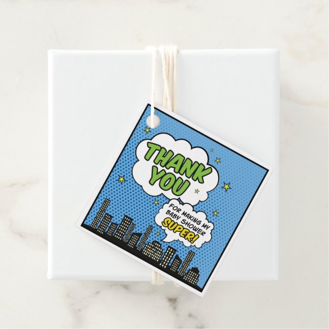 Étiquettes Cadeau Boy Comic Book Superhero Baby shower Merci (En situation)