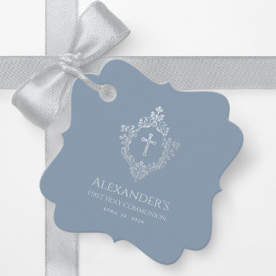 Étiquettes Cadeau Boy First Communion Dusty Blue Elegant Crest Cross