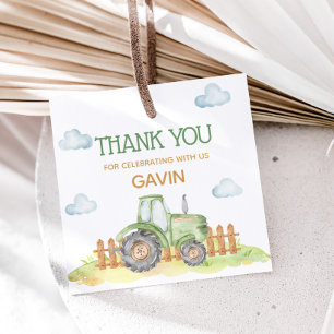 Étiquettes Cadeau Boy Green Tractor Farm Carré de fête d'anniversair