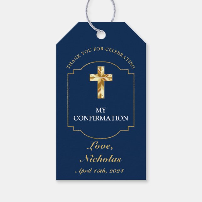 Étiquettes-cadeau Boys Classic Navy Blue Gold Confirmation Merci (Devant)
