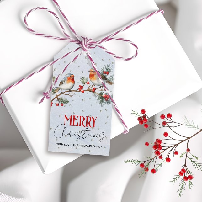 Étiquettes-cadeau Branch with robin birds and berries Christmas (Créateur téléchargé)