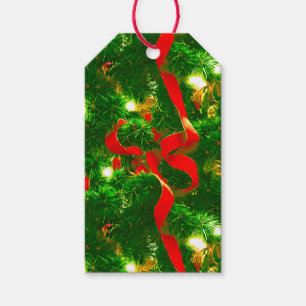 Étiquettes-cadeau Branches d'arbre de Noël et rubans rouges