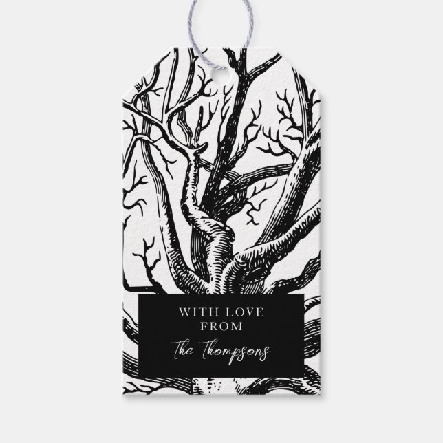 Étiquettes-cadeau Branches rustiques Abstraites en noir et blanc (Devant)