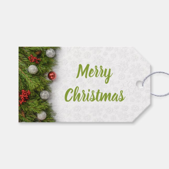 Étiquettes-cadeau Branches vertes avec ornements Noël (Devant (Horizontal))
