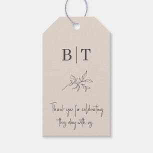 Étiquettes-cadeau Bride simple beige et Initiales de chambre Merci
