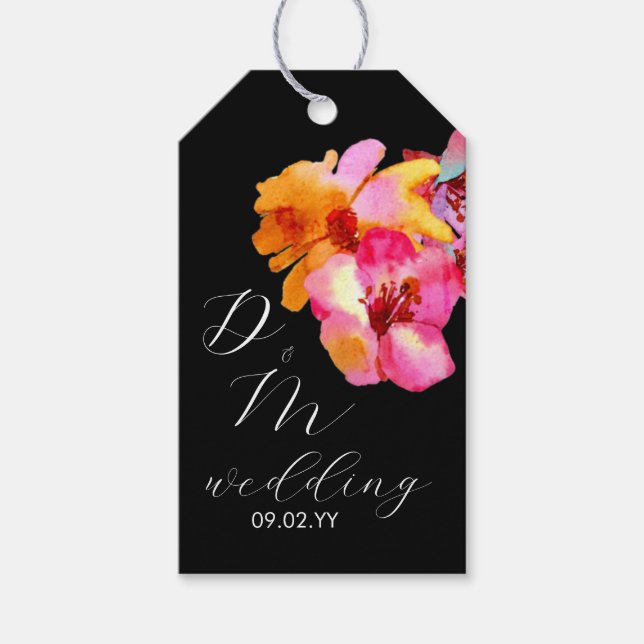 Étiquettes-cadeau Bright Floral Aquarelle Monogramme Mariage noir (Devant)