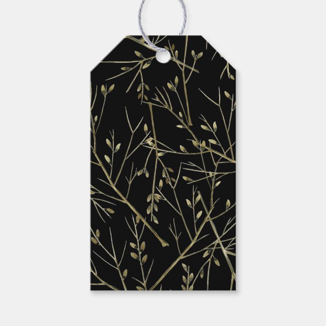 Étiquettes-cadeau Brindilles d'or en noir (Devant)