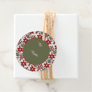 Étiquettes Cadeau Broderie florale rouge et blanche