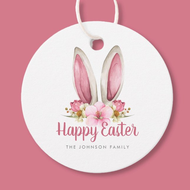 Étiquettes Cadeau Brouillard floral mignon Oreilles Joyeuses Pâques (Cute Floral Bunny Ears Happy Easter Favor Tags)