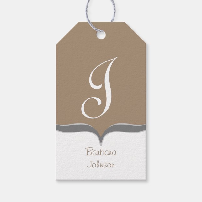 Étiquettes-cadeau Brown Blanc Gris Nom du monogramme Balises cadeaux (Devant)