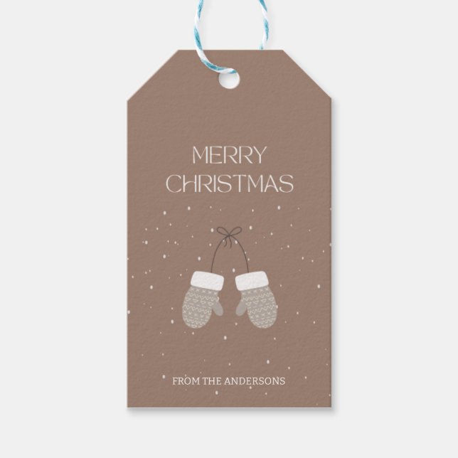 Étiquettes-cadeau Brown Blanc moderne Jouer Noël hiver Mitten (Devant)