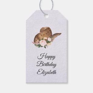 Étiquettes-cadeau Brown Casquette de fille avec fleurs roses Joyeux 
