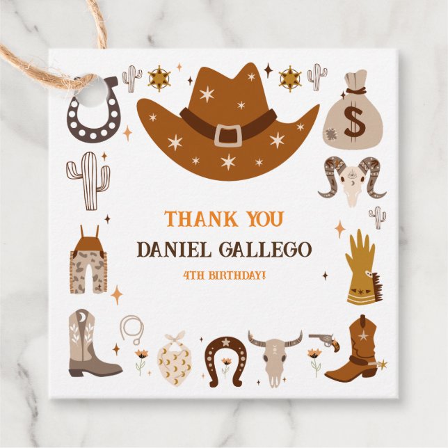 Étiquettes Cadeau Brown Cute Cowboy fête d'anniversaire (Devant)
