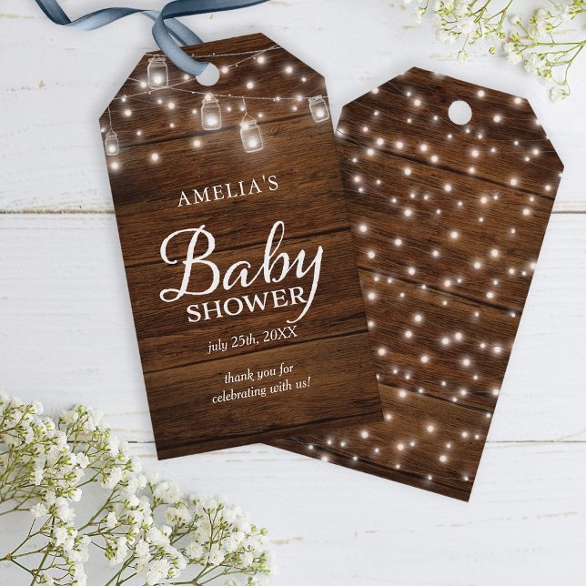 Étiquettes-cadeau Brown Rustique Bois Mason Jarres Baby shower lumin (Créateur téléchargé)
