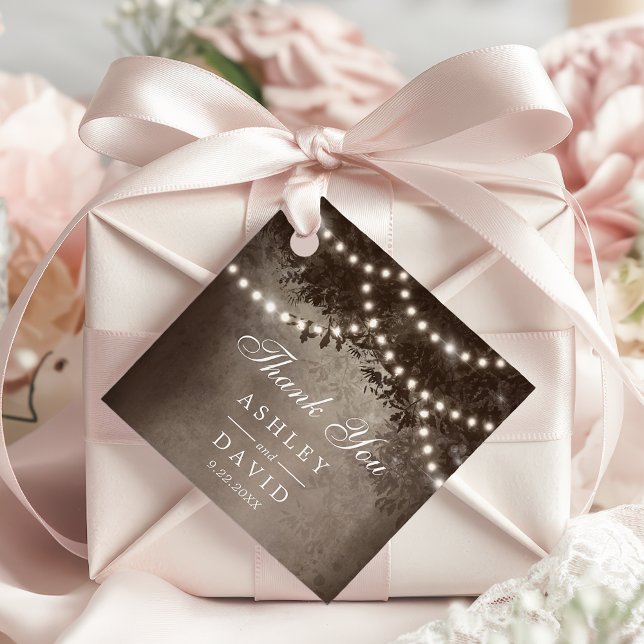 Étiquettes Cadeau Brown Rustique Lumière de la canopée Mariage de bo (Créateur téléchargé)