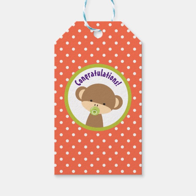 Étiquettes-cadeau Brown singe-bébé avec Pacifier Félicitations (Devant)