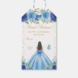Étiquettes-cadeau Brunette aux fleurs bleues, Princesse aux seize an