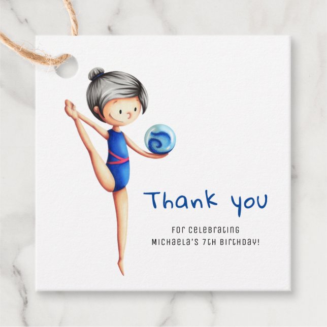 Étiquettes Cadeau Brunette Girl Gymnastique Anniversaire Merci (Devant)