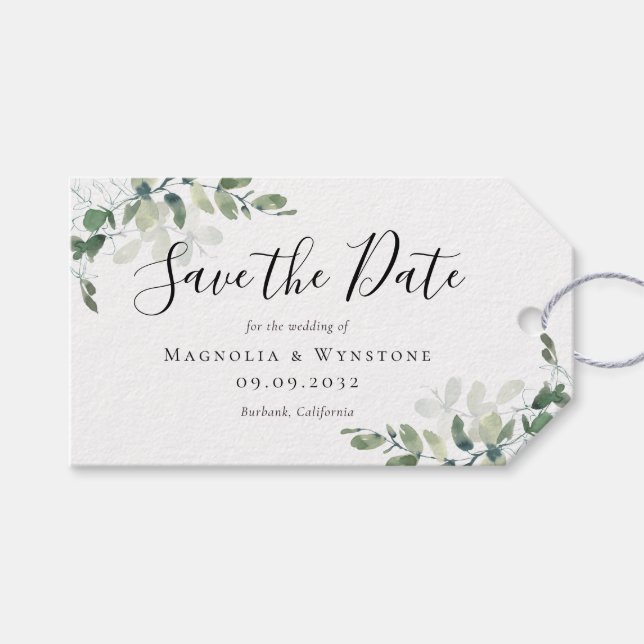 Étiquettes-cadeau BUDGET Eucalyptus Aquarelle Mariage Enregistrer La (Devant (Horizontal))