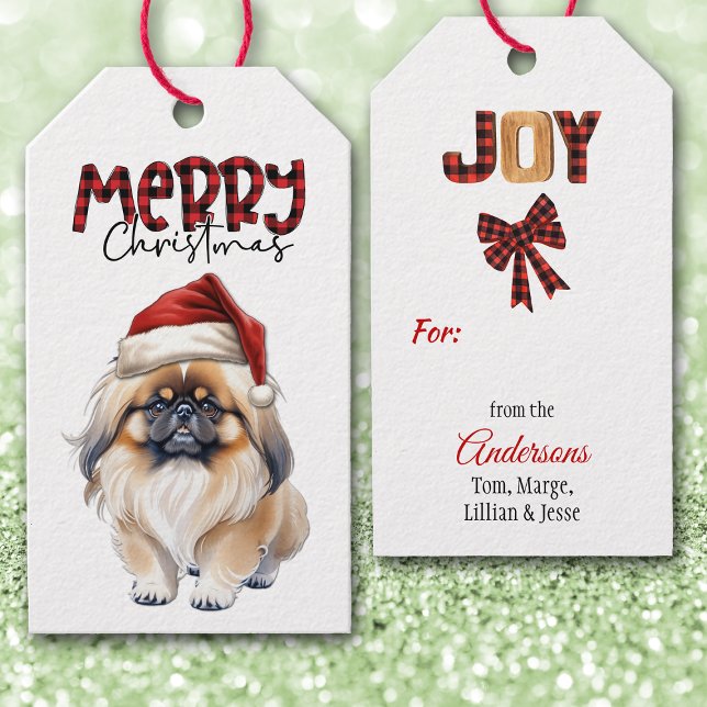 Étiquettes-cadeau Buffalo Plaid Text Pekingese Chien Noël (Créateur téléchargé)