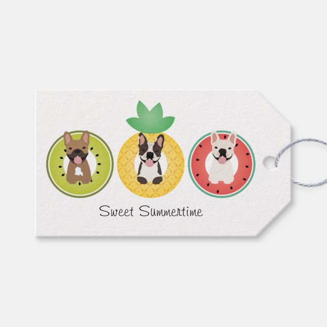 Étiquettes-cadeau Bulldogs français dans la piscine de fruits Flotte (Devant (Horizontal))