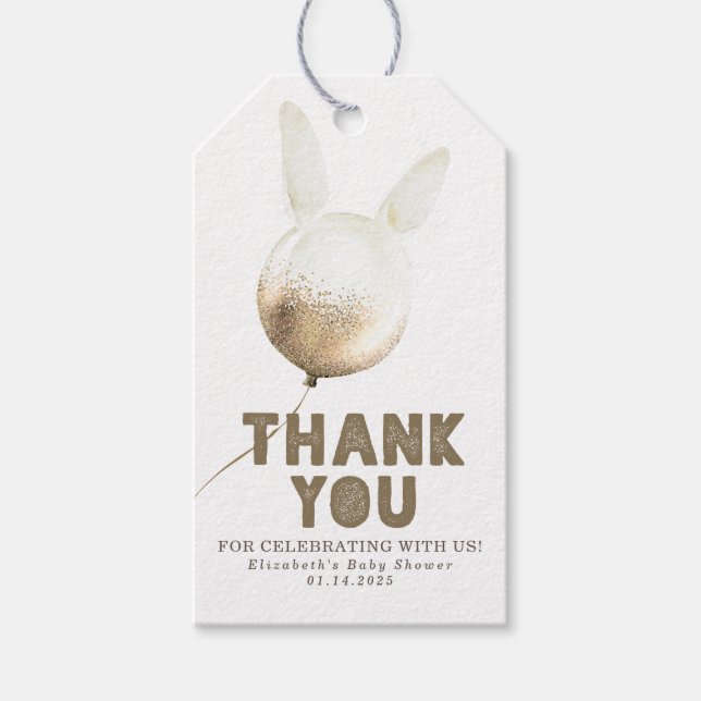 Étiquettes-cadeau Bunny Balloon or et Merci Brown (Devant)