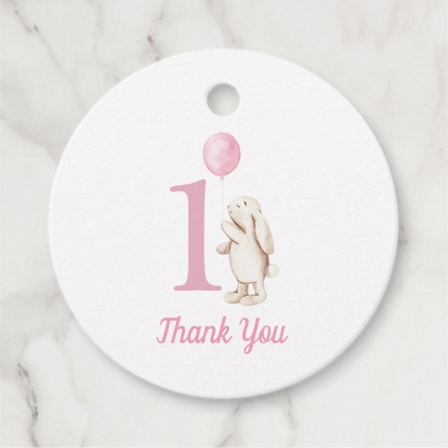 Étiquettes Cadeau Bunny & Balloon rose 1er anniversaire Merci (Devant)