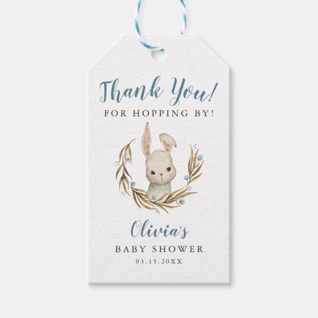 Étiquettes-cadeau Bunny Boy Baby shower Merci de Hopping By (Devant)