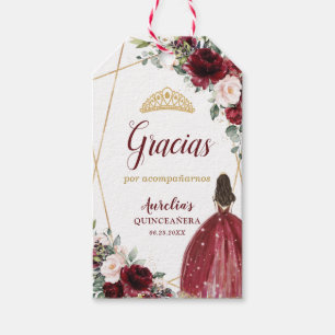 Étiquettes-cadeau Burgundy Blush Floral Princess Crown Quinceanera