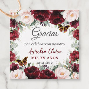 Étiquettes Cadeau Burgundy Blush Floral Quinceañera Papillons