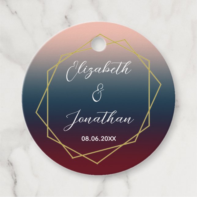 Étiquettes Cadeau Burgundy Navy Blush Ombre Mariage géométrique (Devant)